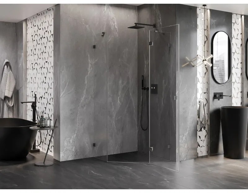 Mexen Lunar, päťuholníkový sprchový kút naklápací vpravo 80 x 80 cm, 8mm číre sklo, profil grafit brúsený, 831-080P-080L-66-00-P