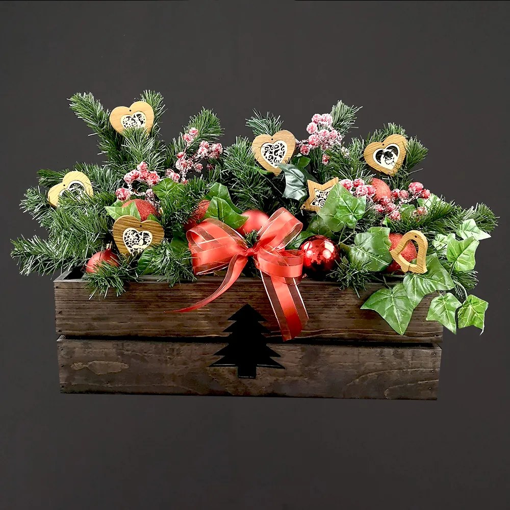 AMADEA Drevený vianočný kvetináč so stromčekom tmavý, vo vnútri s čiernou fóliou, 52x21,5x17cm, český výrobok