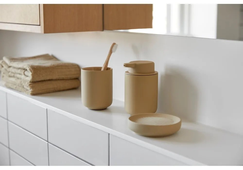 Béžový kameninový téglik na zubné kefky Zone Ume