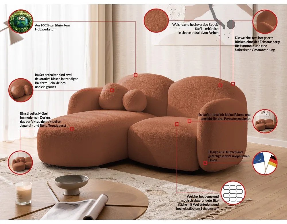 Terakotová rohová pohovka z textílie buklé (ľavý roh/s leňoškou) Orbit – Ropez