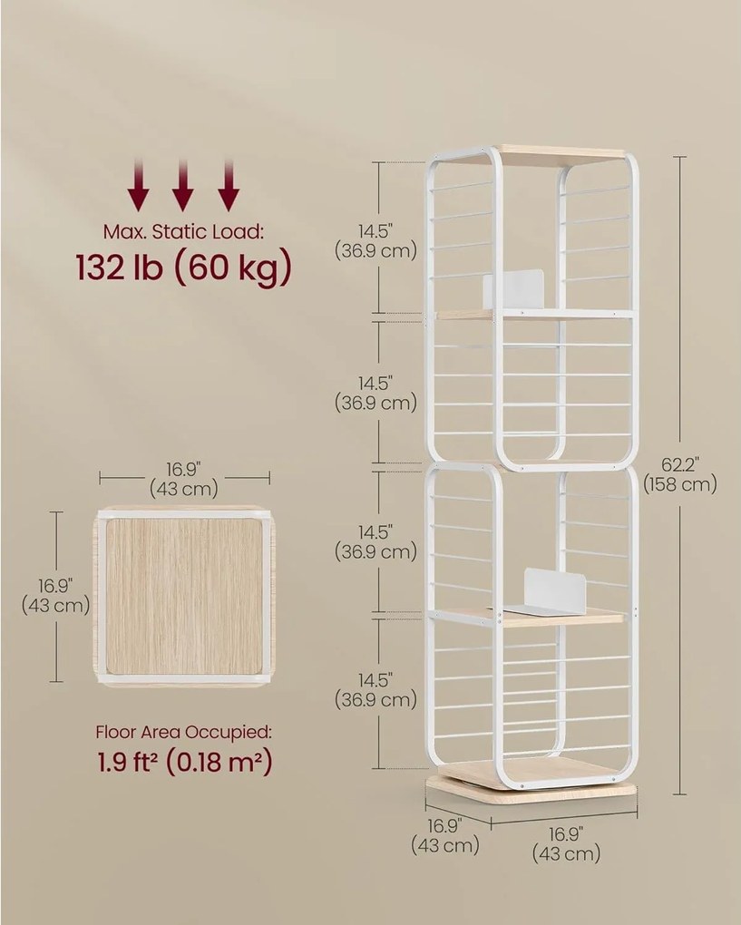 Knižnica, 4 úrovne, otočná polica na knihy, oceľový rám, prírodná béžová a biela