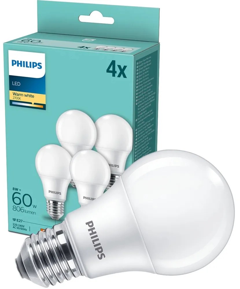 4PAK LED žiarovka E27 A60 8W = 60W 806lm 2700K Warm PHILIPS