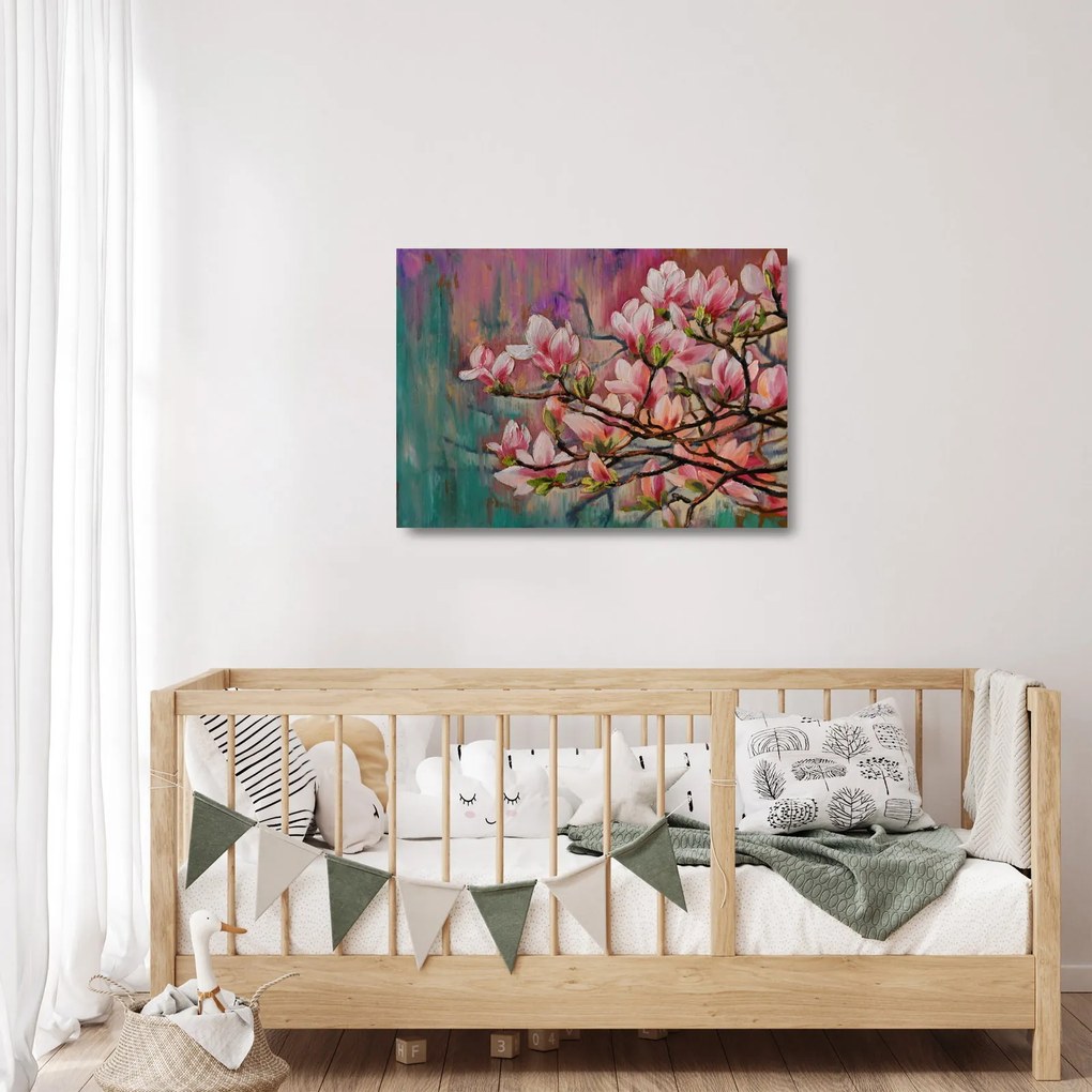 Sklenený obraz - Olejomaľba, Rozkvitnutá sakura (70x50 cm)