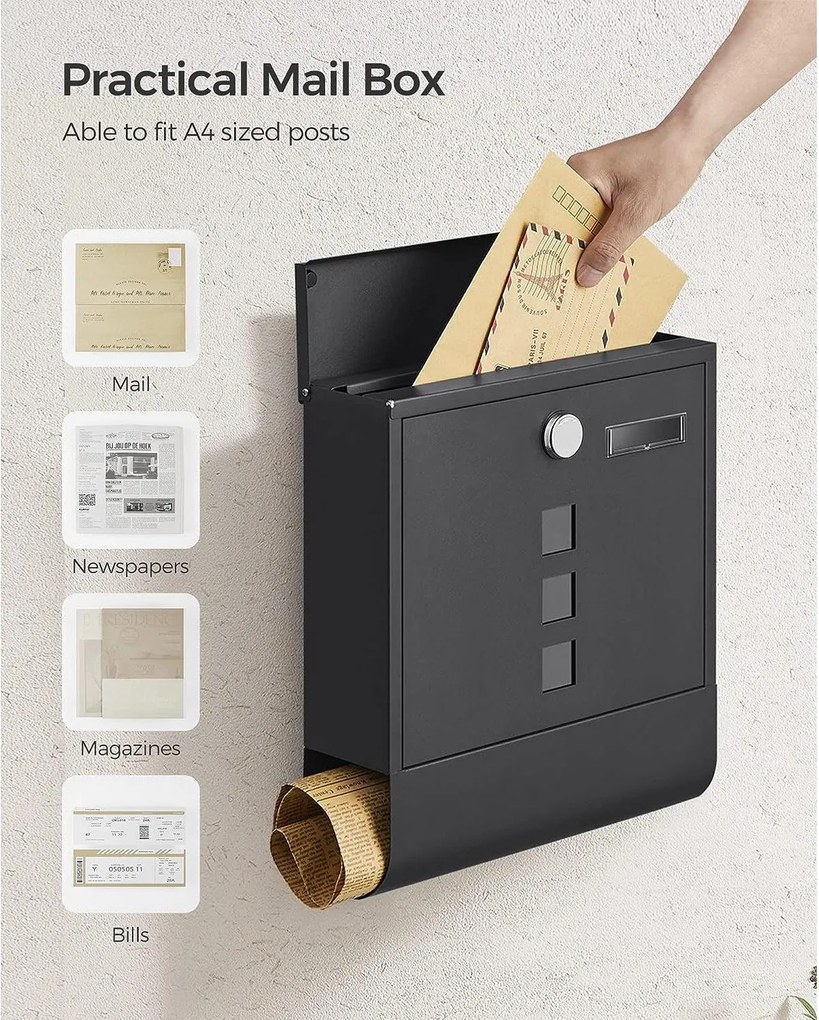 Moderná poštová schránka s držiakom na noviny, čierna