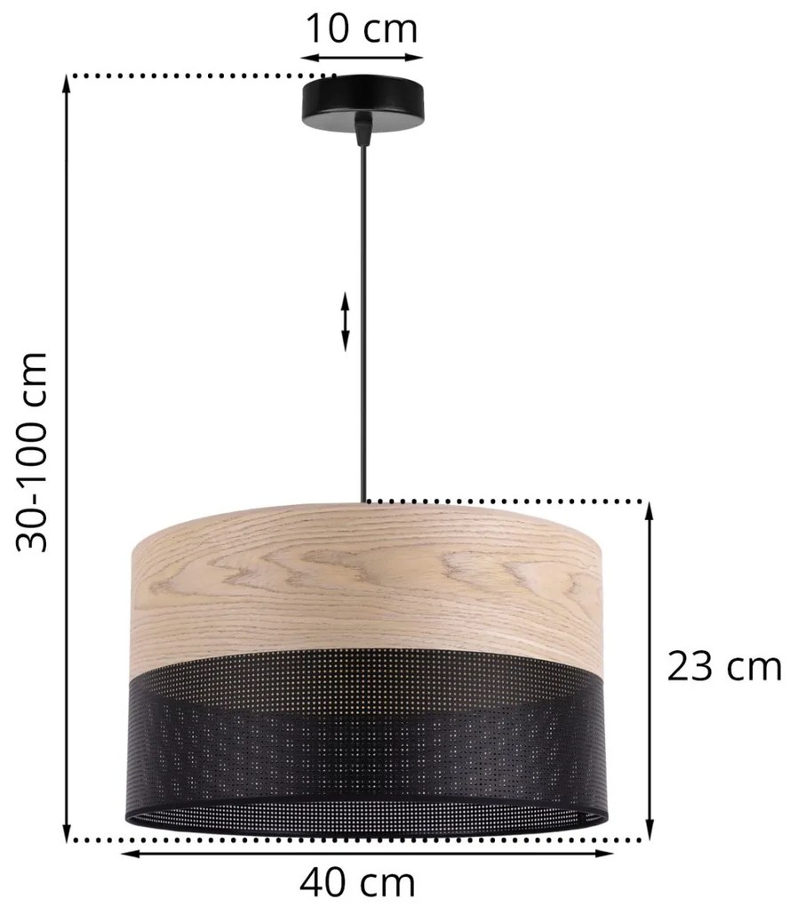 Závesné svietidlo Wood, 1x béžová dubová dýha/čierne PVC tienidlo, (fi 40cm)