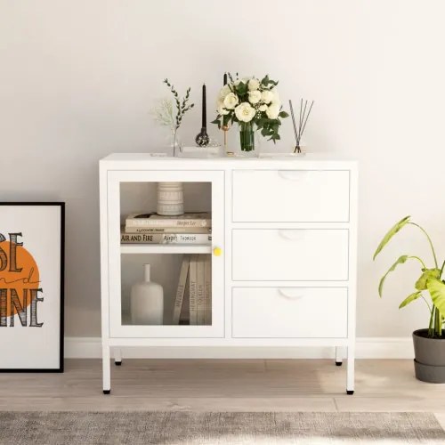 vidaXL Komoda biela 75x35x70 cm oceľ a tvrdené sklo-