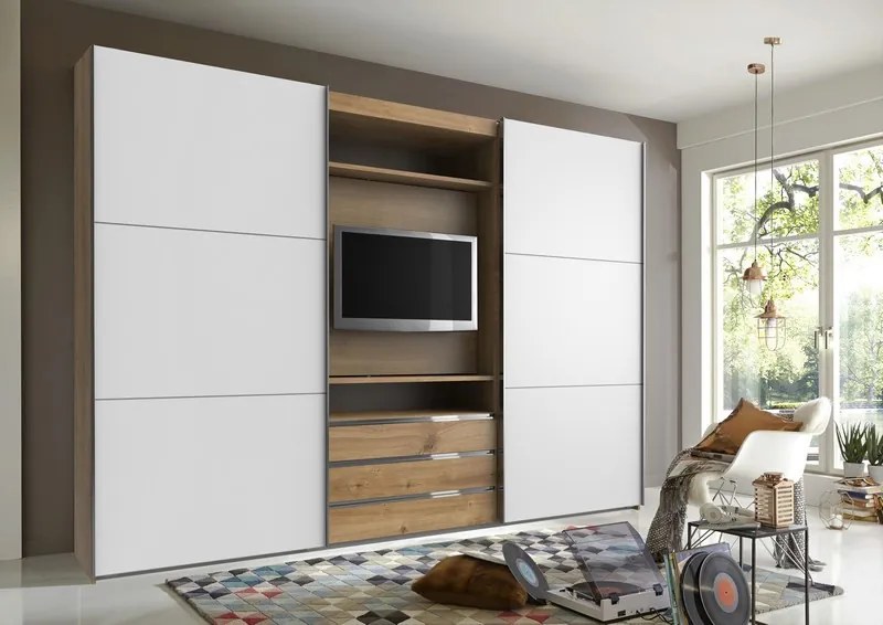 Šatníková skriňa s TV panelom Magic, doskový dub/biela