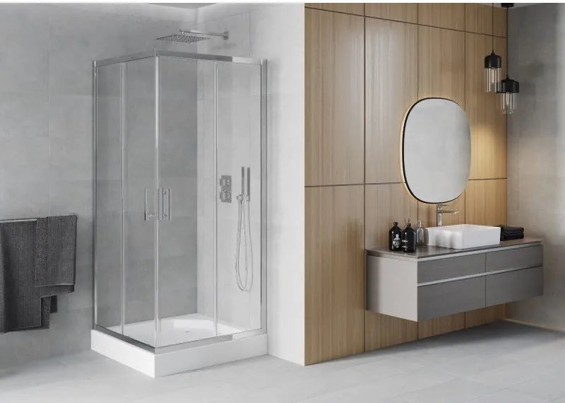 Mexen Rio, štvorcový sprchový kút 90 x 90 cm, 6mm číre sklo, chrómový profil + biela sprchová vanička RIO, 860-090-090-01-00-4510