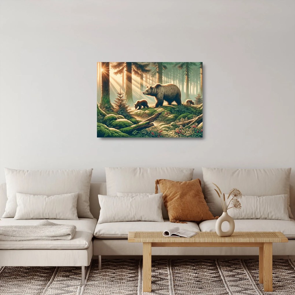 Sklenený obraz - Medvede v lese (70x50 cm)