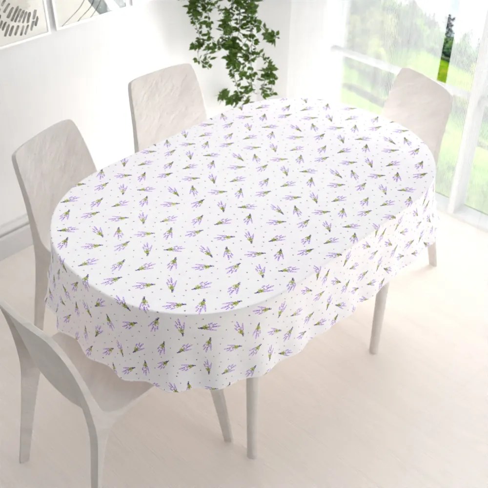 Biante Bavlnený oválny obrus Sandra SA-301 Malé zväzky levandúľ na bielom 140x200 cm