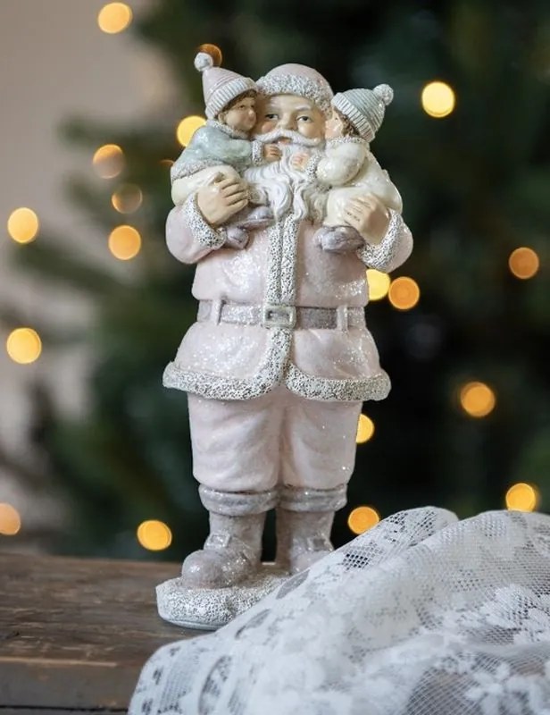 Ružová vianočná dekorácia Socha Santa s deťmi - 10*8*21 cm