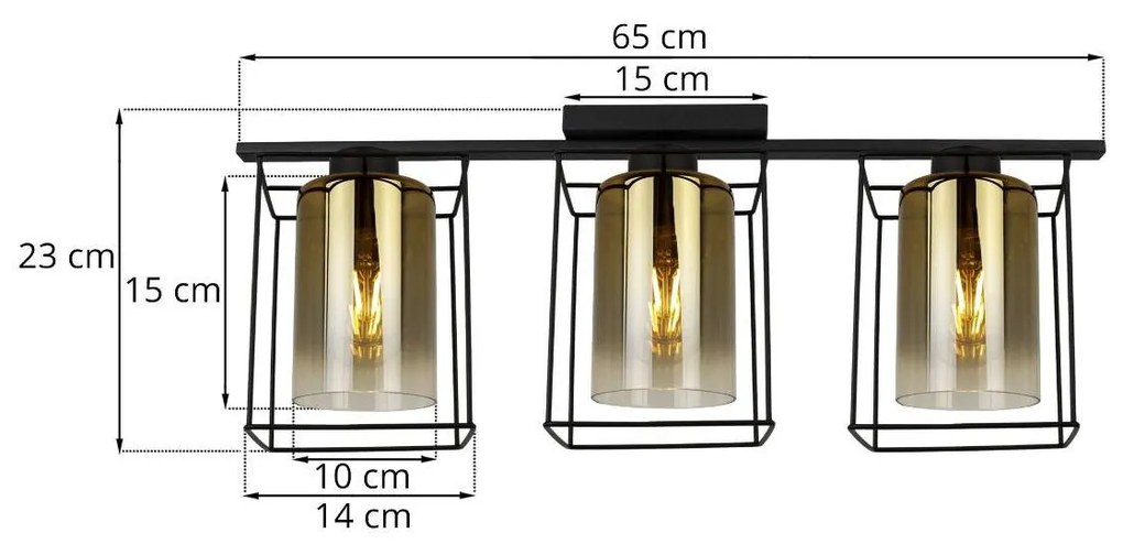 Stropné svietidlo HELLA CAGE, 3x zlaté sklenené tienidlo v kovovom ráme