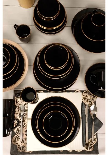 Jedálenská súprava 30 ks čierna/zlatá/kamenina