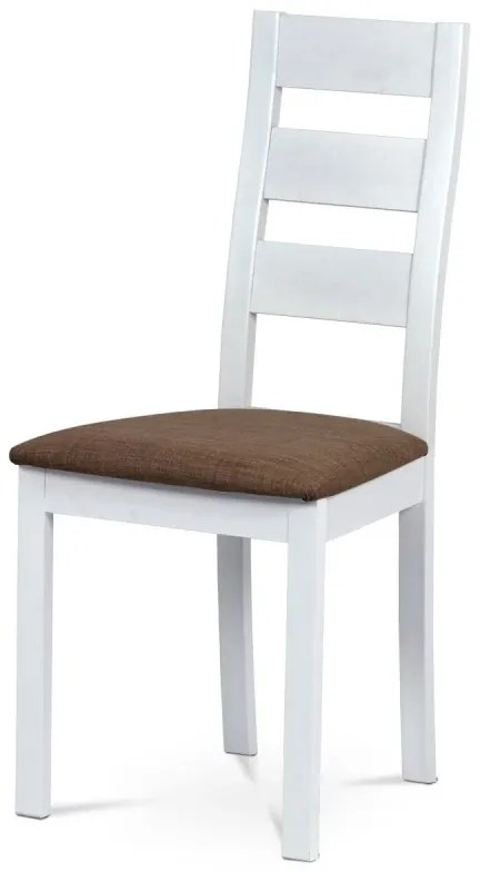 Jídelní židle, masiv buk, barva bílá, látkový hnědý potah