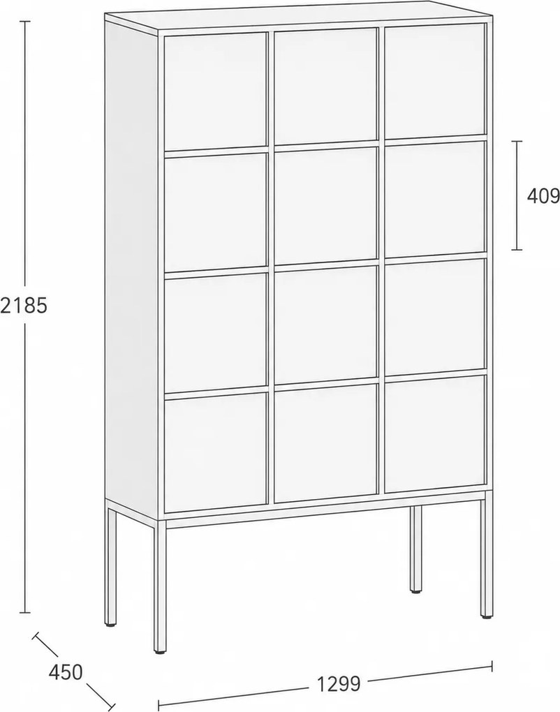 Kancelárska skriňa FRAME, biela podnož, 12x dvere, 1299 x 450 x 2185 mm, PUSH-lock, biela