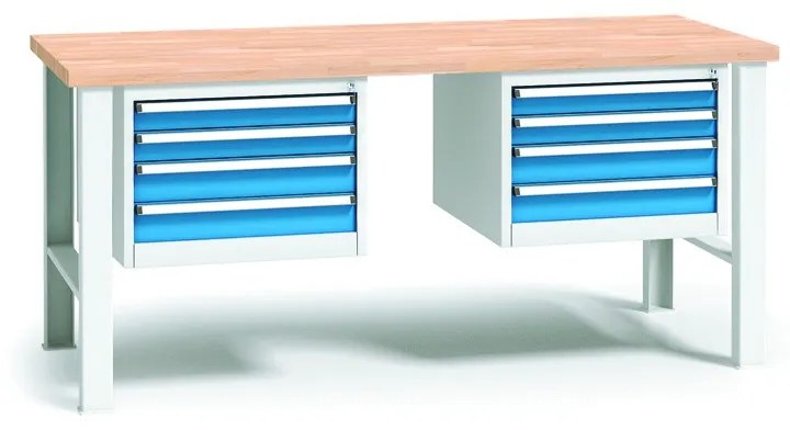 Pracovný stôl do dielne WL s 2 závesnými boxami na náradie, buková škárovka, 8 zásuviek, pevné kovové nohy, 1700 mm