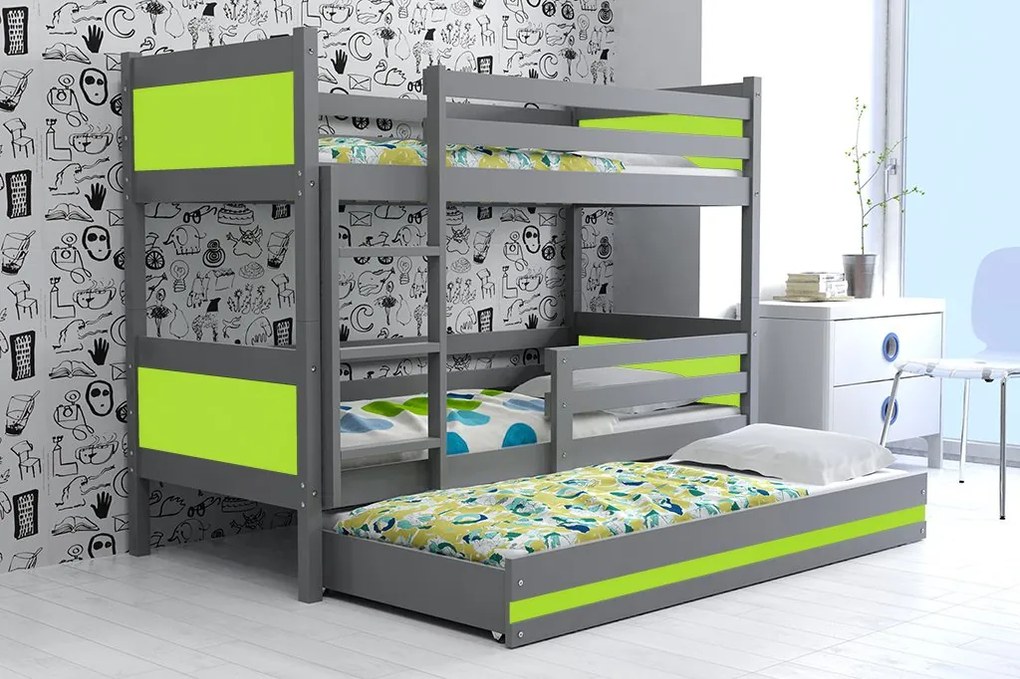 Poschodová posteľ s prístelkou RINO 3 - 190x80cm - Grafitový - Zelený
