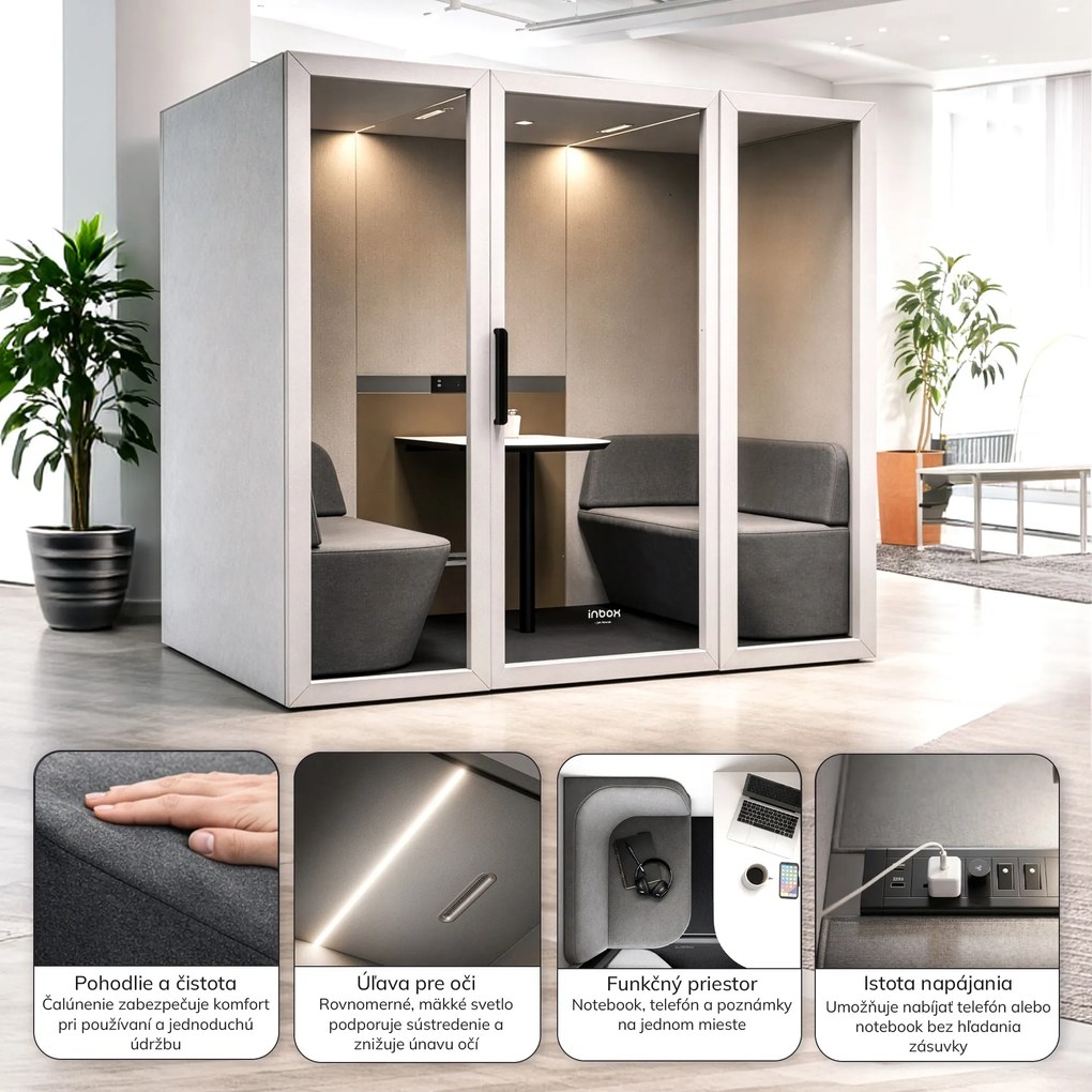 Akustická kancelárska kabína INBOX pre 4 osoby 2100 × 2200 × 1220 mm