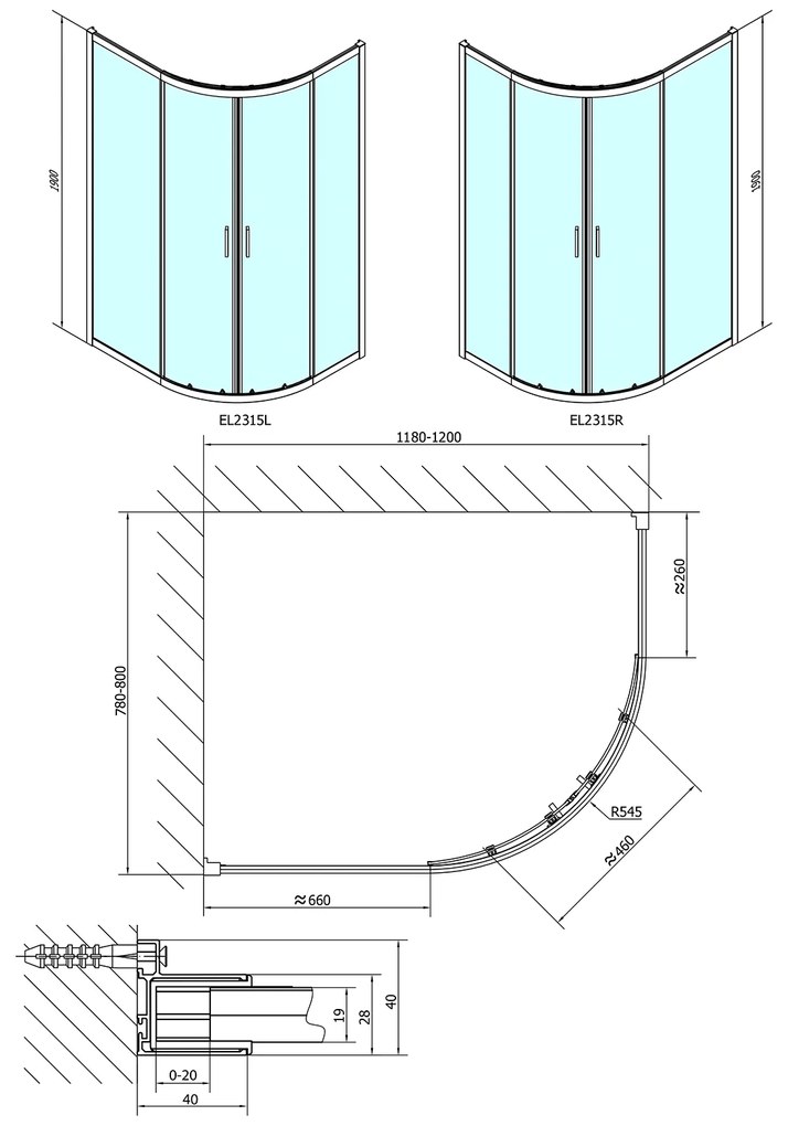 Polysan Polysan, EASY LINE štvrťkruhová sprchová zástena 1200x800mm, L/R, číre sklo, EL2315