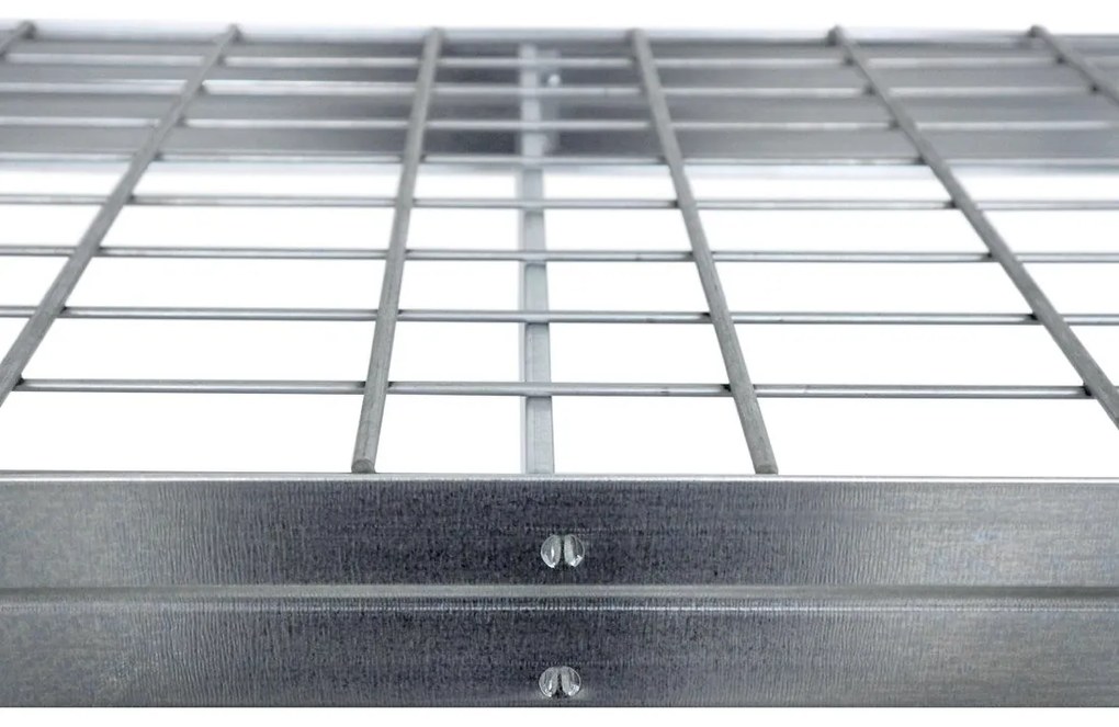 Bezskrutkový kovový regál RIVET, 180x150x60 cm, 4x sieťová drôtená polica, zinok