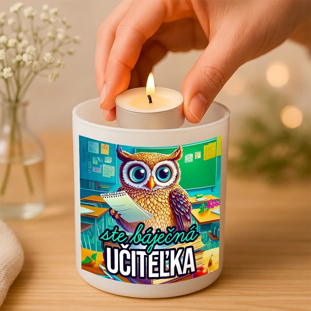 Originálny sklenený svietnik Ste báječná učiteľka