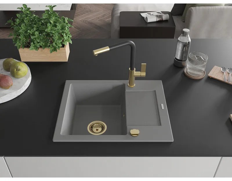 Mexen Enzo, 1-komorový granitový drez 576x465x174 mm a drezová batéria Flora, šedá, 6506-71-670401-57-G