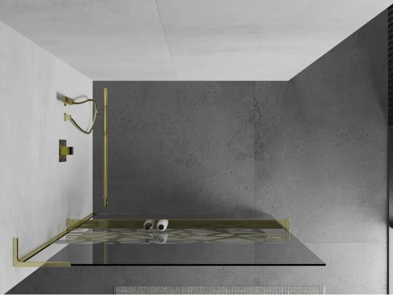 Mexen Kioto+ L, sprchová zástena Walk-In s poličkou a vešiakom 70 x 200 cm, 8mm číre sklo biely vzor, zlatý lesklý profil,800-070-123-50-85