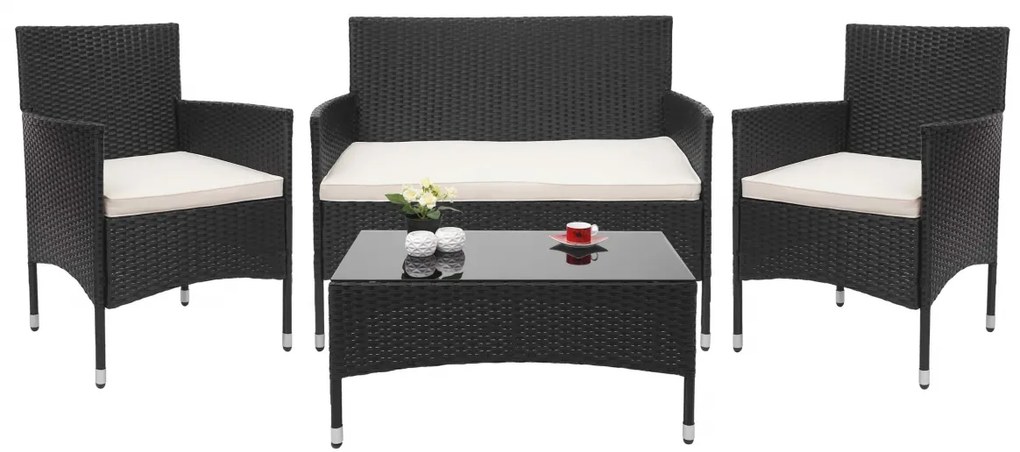Záhradná súprava 2 kresiel, pohovky a stolíka HWC-F55 - čierna, krémové vankúše