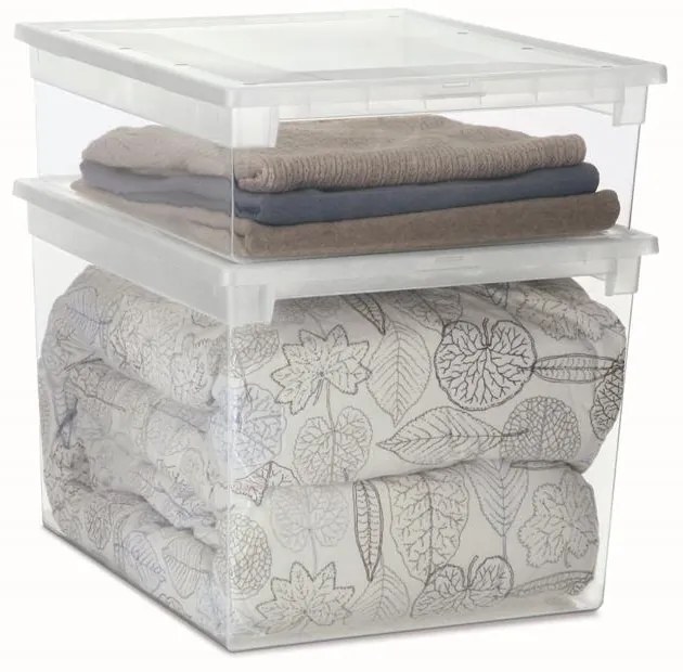 Úložný box s vekom, transparentný, na posteľnú bielizeň TERRY 22l - 38 x 52 x 14 cm