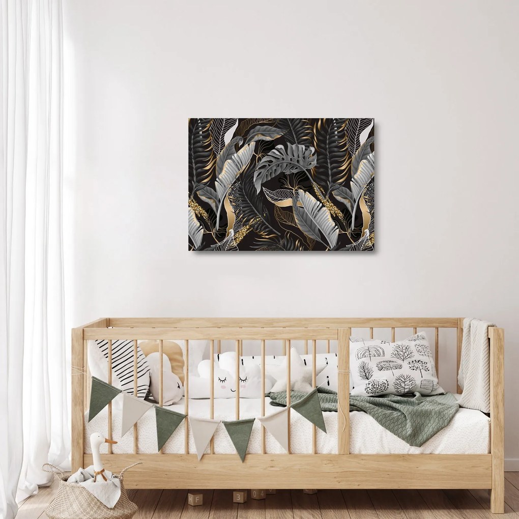 Sklenený obraz - Tropické listy v čierno-zlatej (70x50 cm)