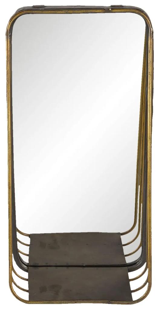 Zlaté podlhovasté zrkadlo v kovovom ráme s drevenou poličkou Gold - 19 * 11 * 39 cm