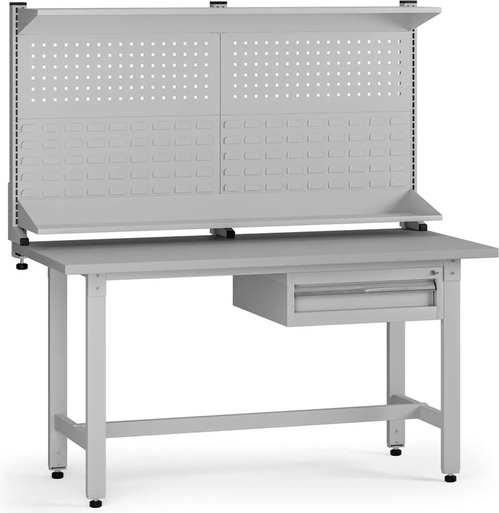 Výškovo nastaviteľný dielenský stôl G5 s nadstavbou, 1500 x 750 x 800-1000 mm, 1x kontajner, 1 zásuvka, sivá