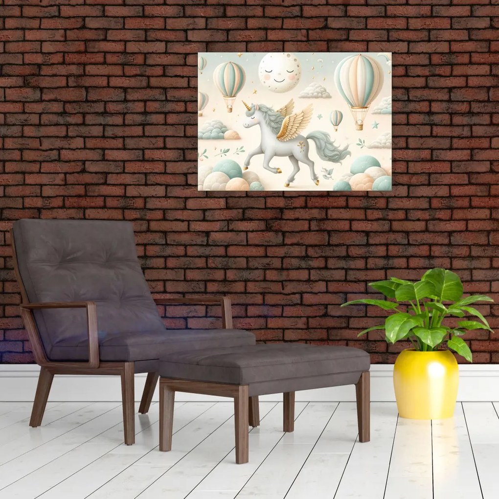 Sklenený obraz - Šťastný jednorožec (70x50 cm)