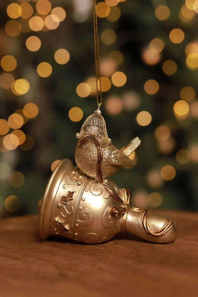 LUX zlatá vianočná ozdoba vtáčik na zvonci 11cm