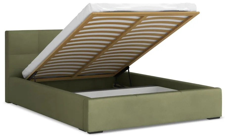Zelená zamatová čalúnená dvojlôžková posteľ s úložným priestorom s roštom 140x200 cm Hiko – Makamii