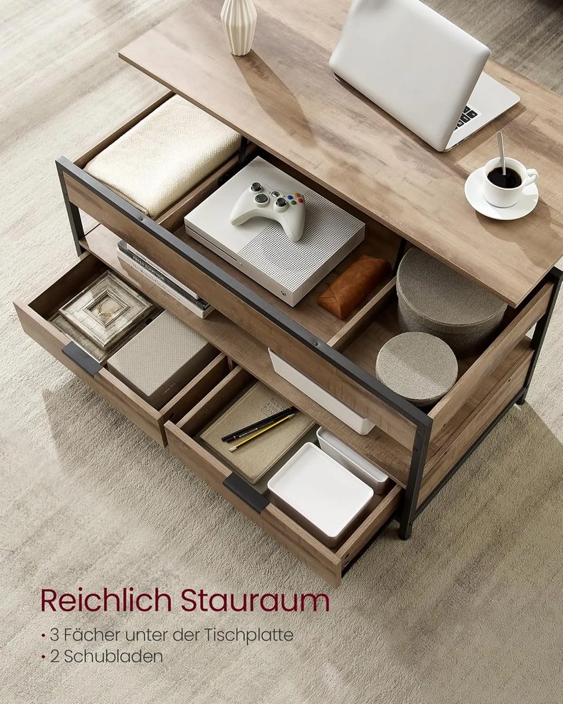 Konferenčný stolík, výškovo nastaviteľný, so zásuvkami, 50 x 100 cm, ťavohnedý