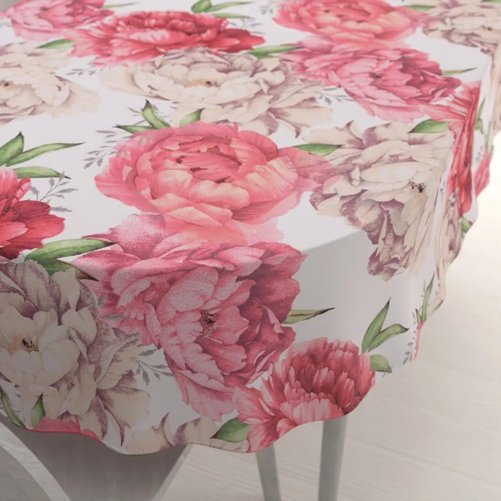 Biante Bavlnený oválny obrus Sandra SA-746 Veľké ružovo-béžové pivonky na bielom 140x160 cm