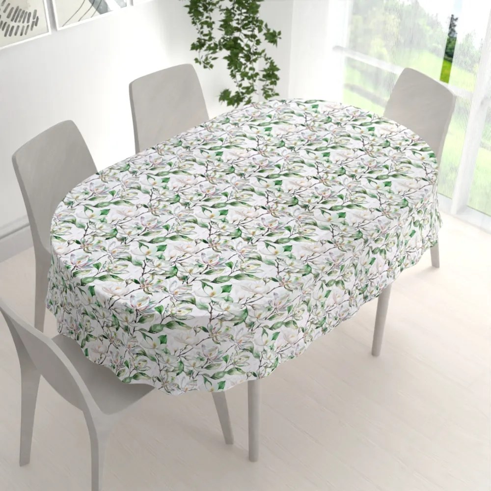 Biante Teflónový oválny obrus TF-117 Kvety magnólie na bielom 80x120 cm