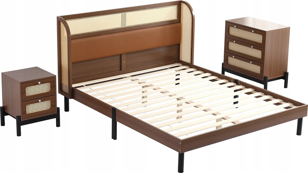 Dvojlôžková ratanová posteľ Manželská posteľ 160x200 nočný stolík komoda 3ks