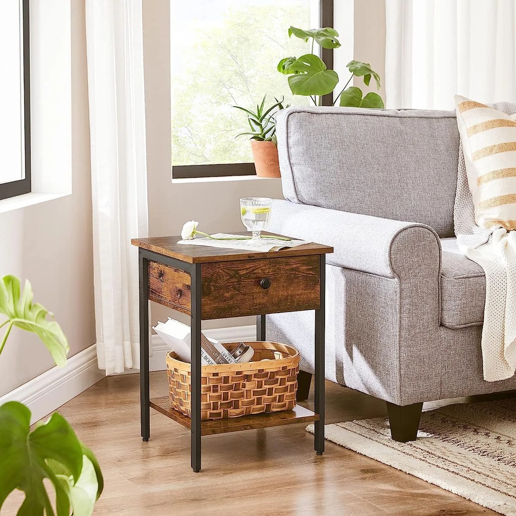 Nočný stolík, príručný stolík so zásuvkou a policou, rustikálny hnedý