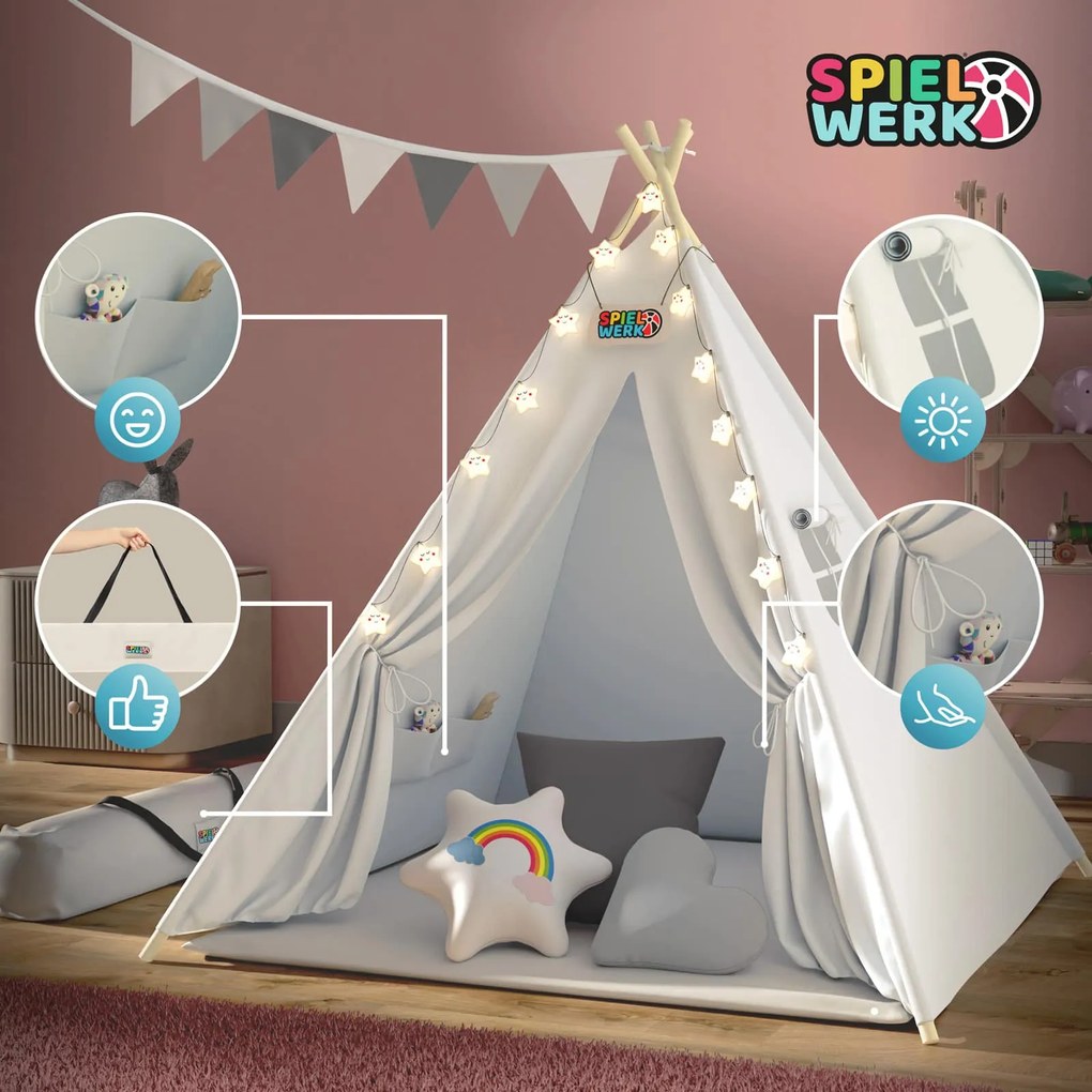 Spielwerk Detský stan teepee JULIUS, 120x120x160cm, biela/šedá