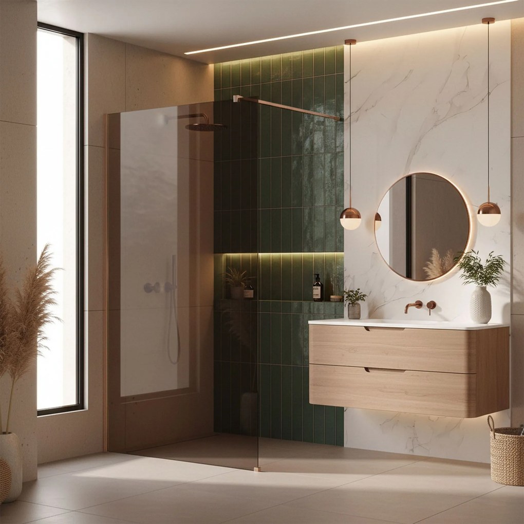Bezrámová sprchová zástena REA FLEXI BRUSH COPPER 140 cm, meď kartáčovaná/hnedá dymová - bez vaničky
