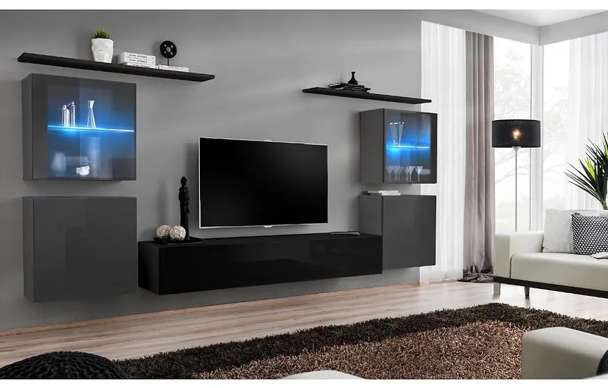 Obývacia stena Switch Sklo +LED XIV Grafit/čierna