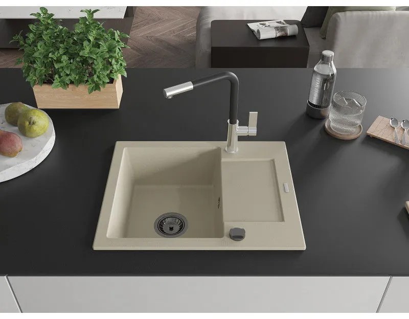 Mexen Enzo, 1-komorový granitový drez 576x465x174 mm a drezová batéria Flora, béžová, 6506-69-670401-07-B