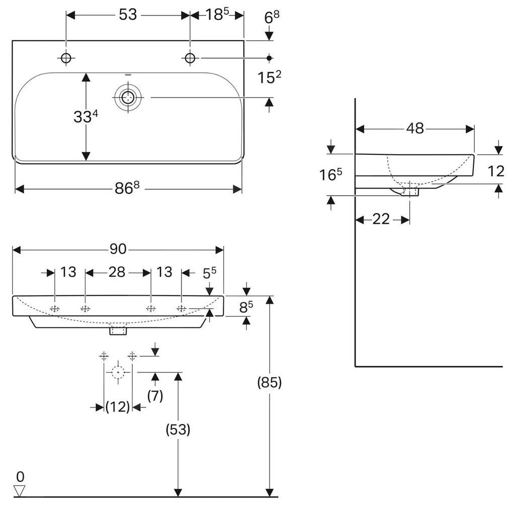 Geberit Smyle Square, umývadlo s prepadom 900x480mm, 2 otvory na batérie, biela, GEB-500.252.01.1