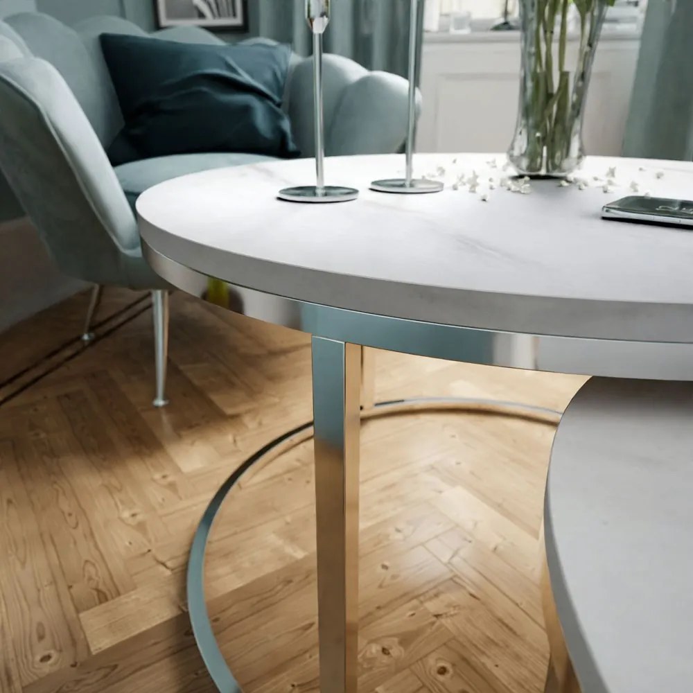 OKRÚHLY KONFERENČNÝ STOLÍK LEONARDO 2 v 1 BIELY MRAMOR + CHRÓM