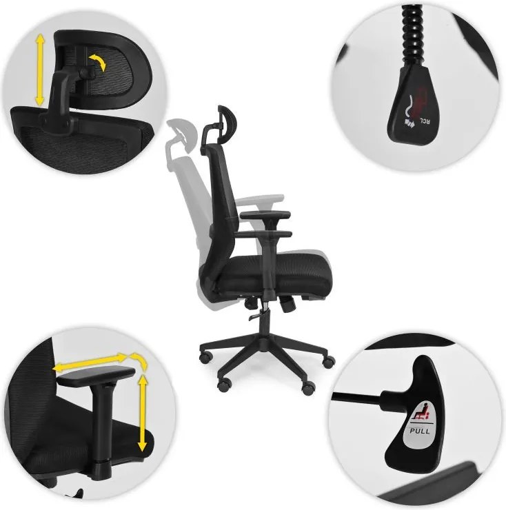 Otočná kancelárska stolička s tvarovaným operadlom a opierkou hlavy, nastaviteľná výška