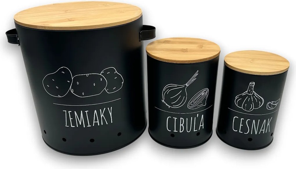 Orion Sada 3 dóz na cibuli, česnek a brambory, plechové s bambusovým víčkem BLACK SK