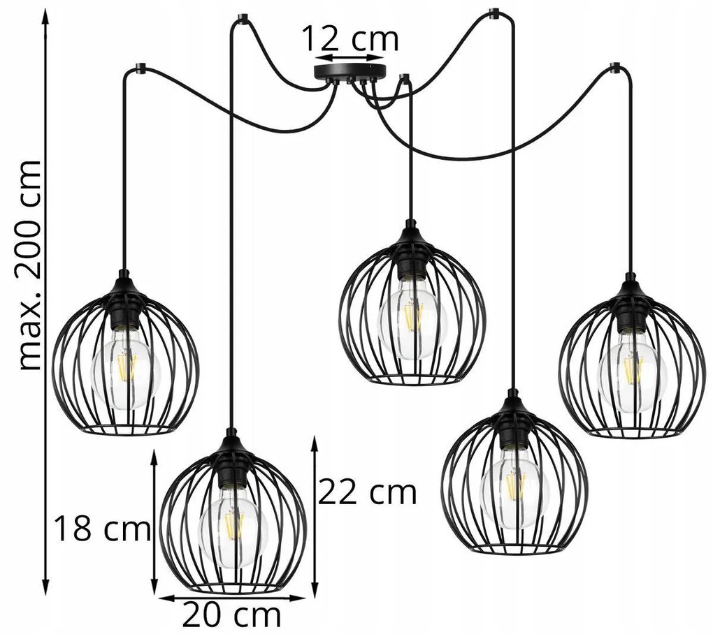 Závesné svietidlo TORONTO SPIDER, 5x čierne drôtené tienidlo