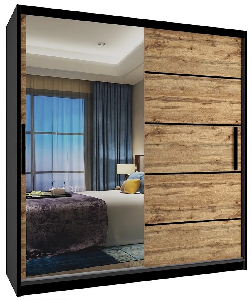 Šatníková skriňa 158 cm Belini čierny mat /dub wotan s posuvnými dverami a zrkadlom MZ SZP3/1/B/DW/0/BL